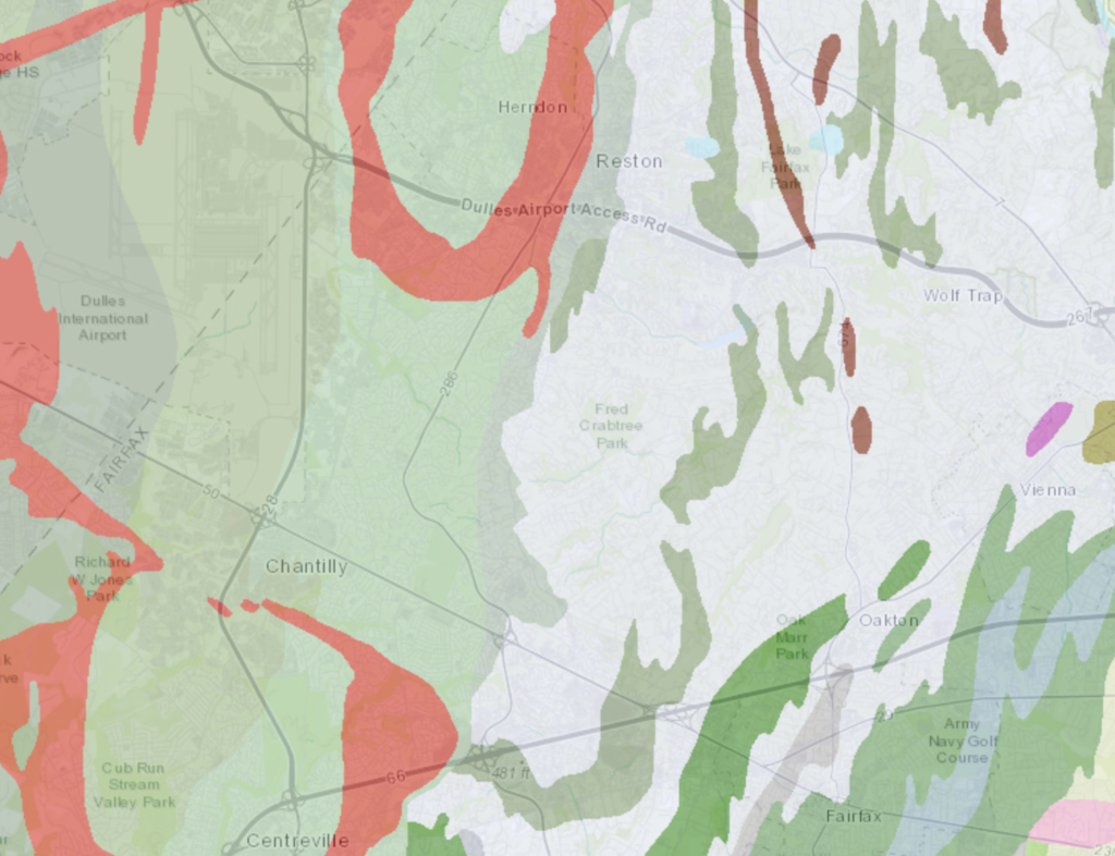 Geologic boundaries along Ox Road in Fairfax County, Virginia.